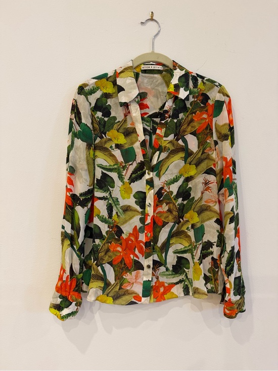 Alice + Olivia Tops - Alice + Olivia Tropical Floral Button-Down Blouse in Green, Orange and Yellow